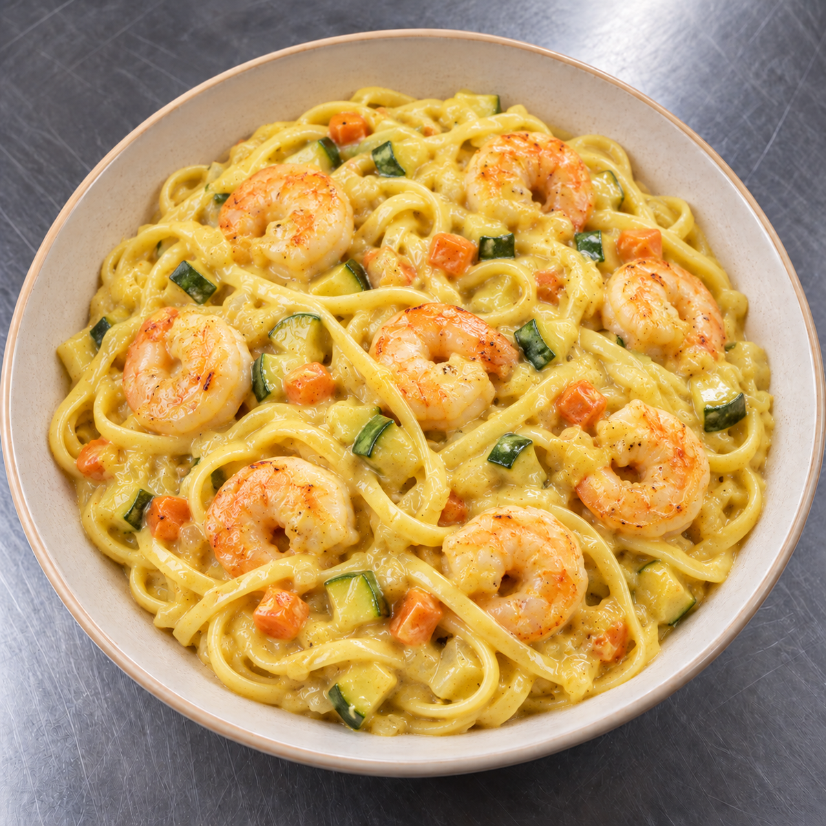 Linguine aux scampis, légumes, curry & crème — suggestion de présentation