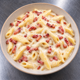 Pâtes carbonara « à la belge », lardons, oignons & crème