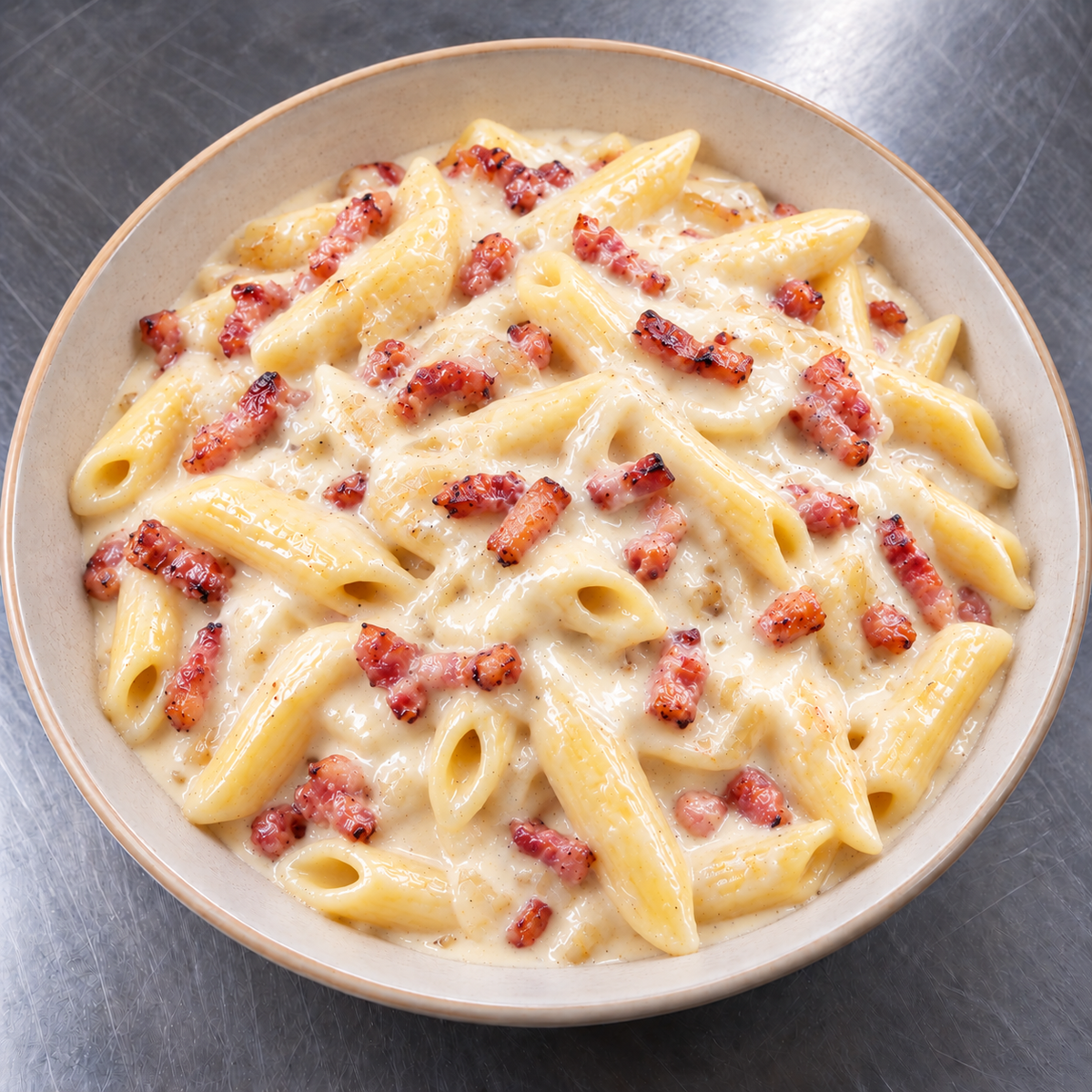 Pâtes carbonara « à la belge », lardons, oignons & crème — suggestion de présentation