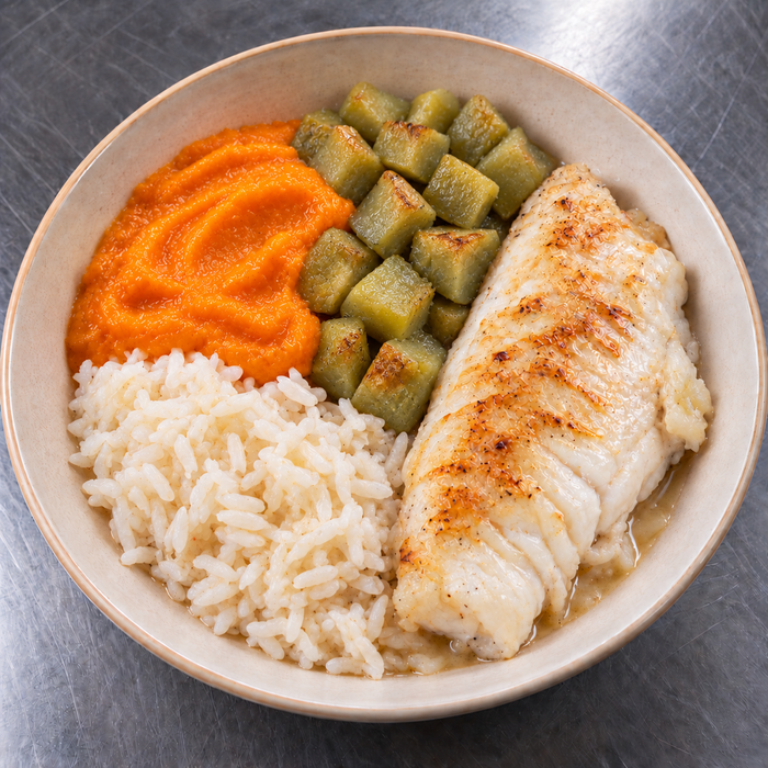 Dos de lieu noir, butternut vert rôti, purée de carottes & riz pilaf