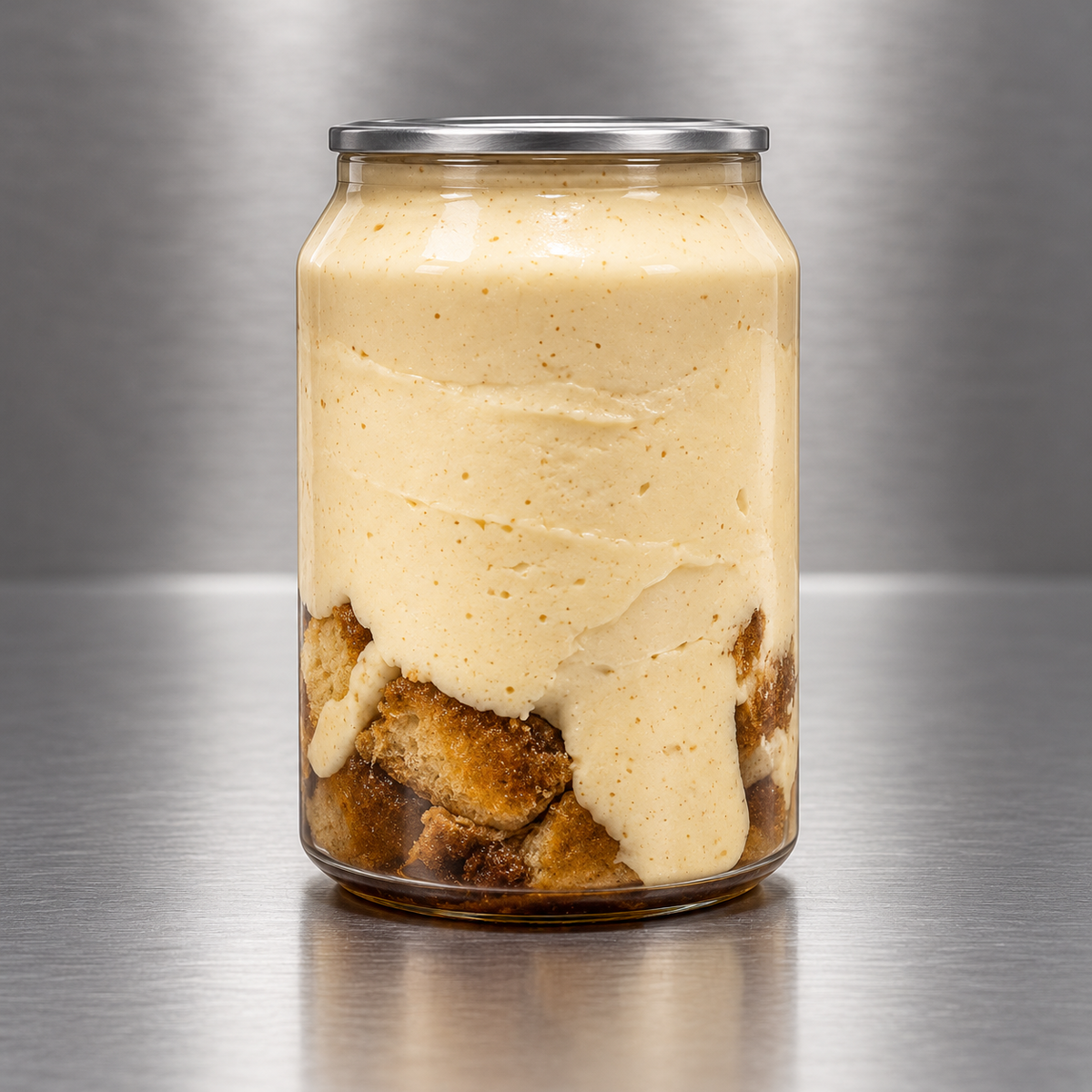 Tiramisu peanut butter en canette sur fond inox