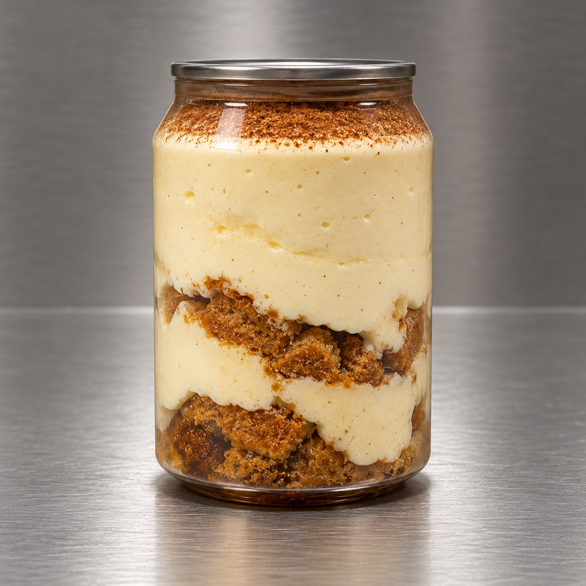 Tiramisu speculoos en canette sur fond inox